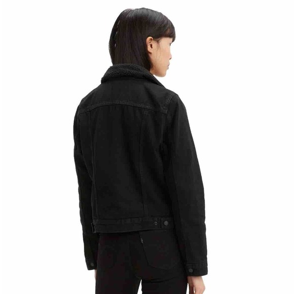 Levi's Sherpa Lined Trucker Jacket Forever Black XS Extra Small Womens Snap - Picture 2 of 11